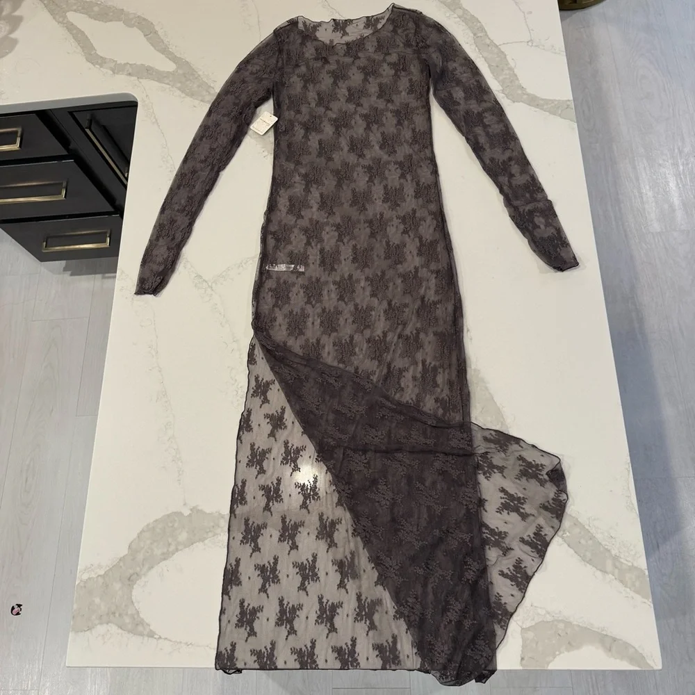 Free People NWT Lady Lux Maxi Sheer Lace Slip Dress Womens Medium Dark Gull Gray - Picture 9 of 10
